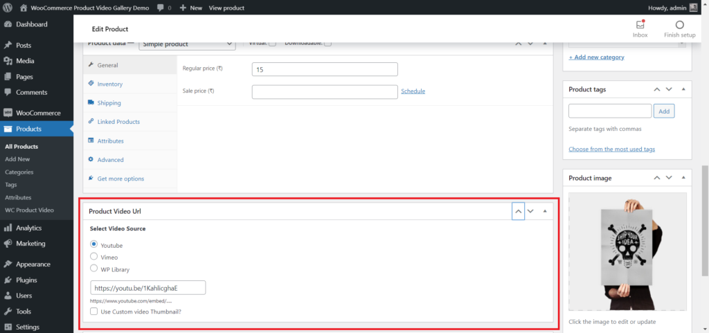 Hình ảnh bên trong admin Thêm video vào gallery woocommerce wordpress - Product