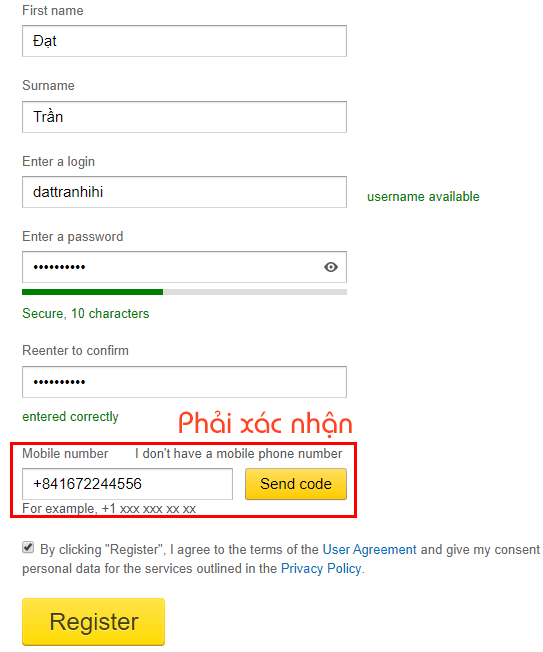 Tạo tài khoản Yandex