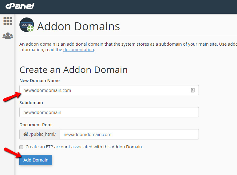 Cách thêm addon domain