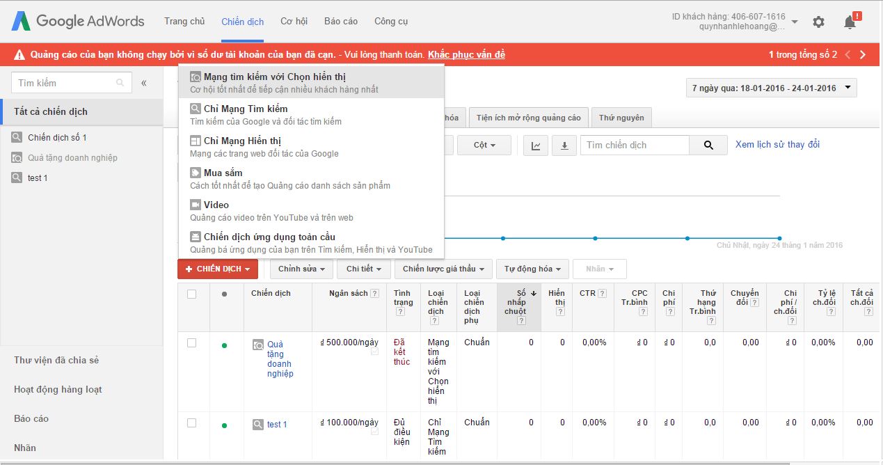 Các lựa chọn hiển thị khi tạo chiến dịch quảng cáo Google Adwords