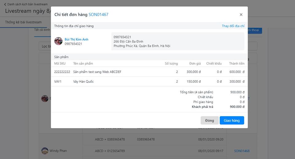 Gọi ship trên phần thống kê đơn hàng