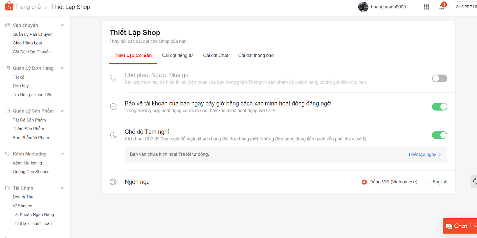 bật chế độ tạm nghỉ shopee