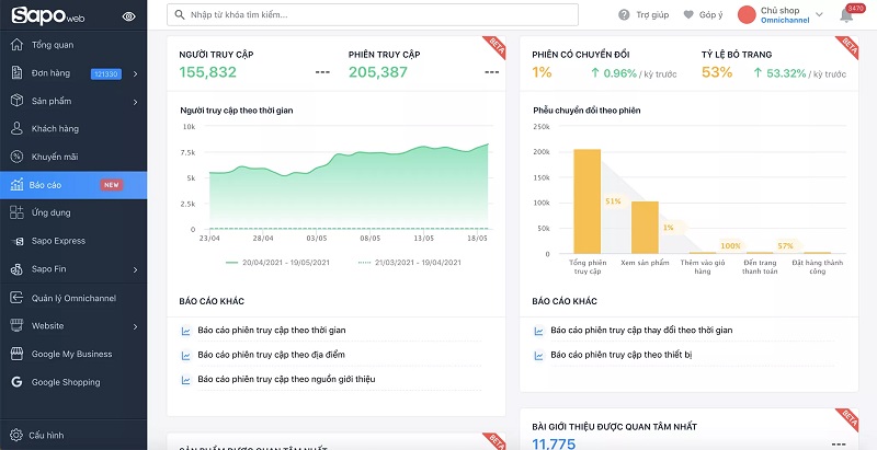 hệ thống báo cáo Sapo Web bao gồm nhiều loại báo cáo quan trọng