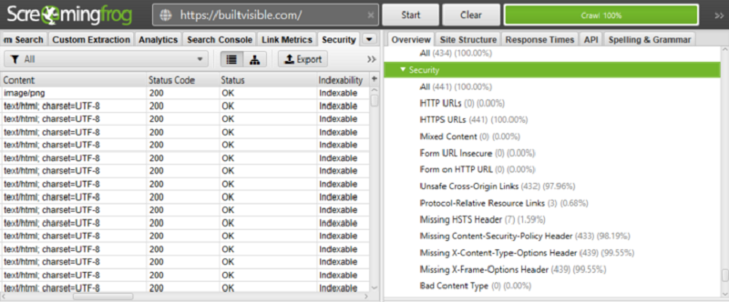 Báo cáo Bảo mật trong tool Screaming Frog
