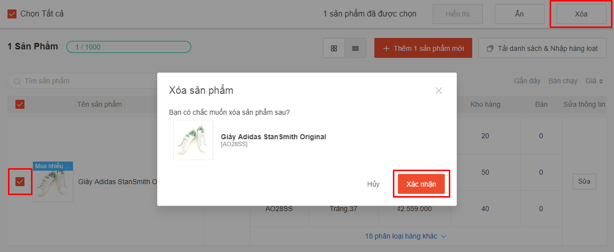 Xóa sản phẩm trên shopee