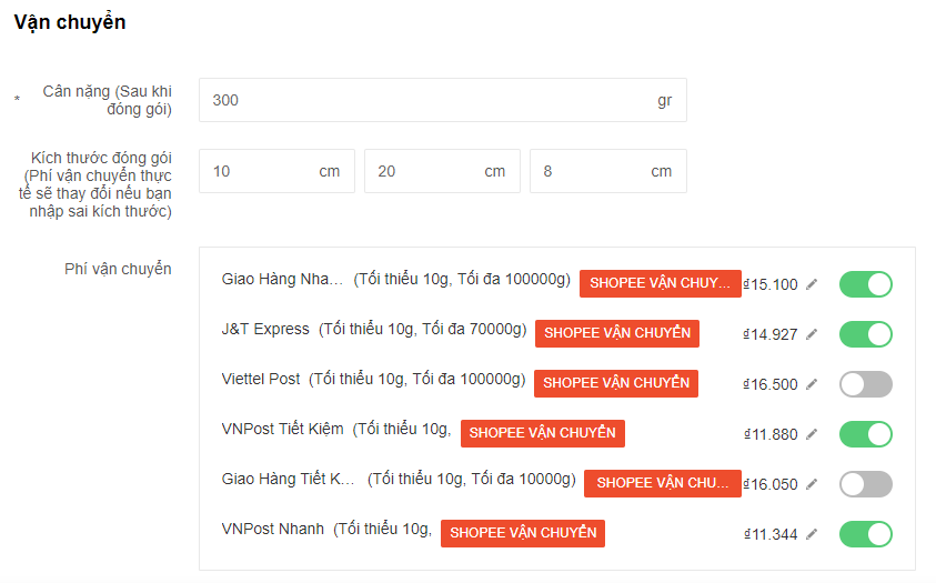 Thiết lập vận chuyển