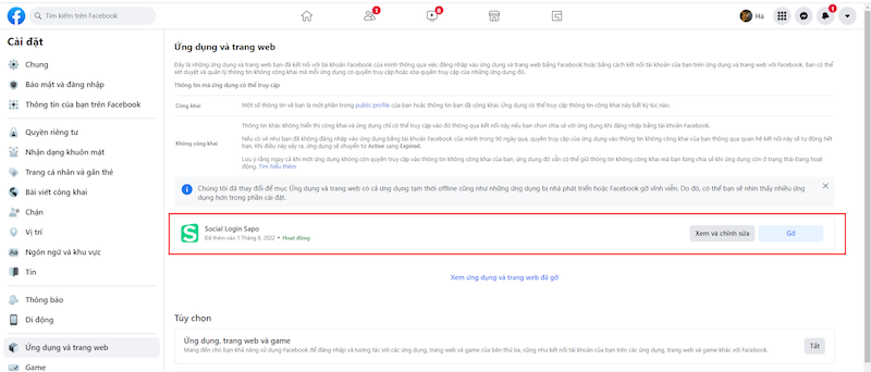 Cách gỡ ứng dụng liên kết với Facebook