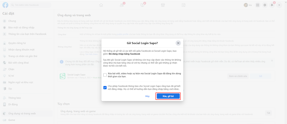 Cách gỡ ứng dụng liên kết với Facebook