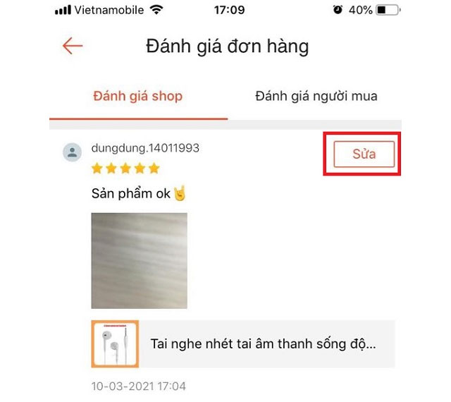 cách sửa đánh giá trên shopee