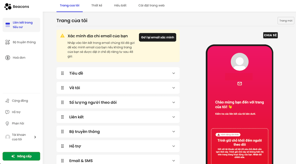 ​ Tạo link bio với Beacons