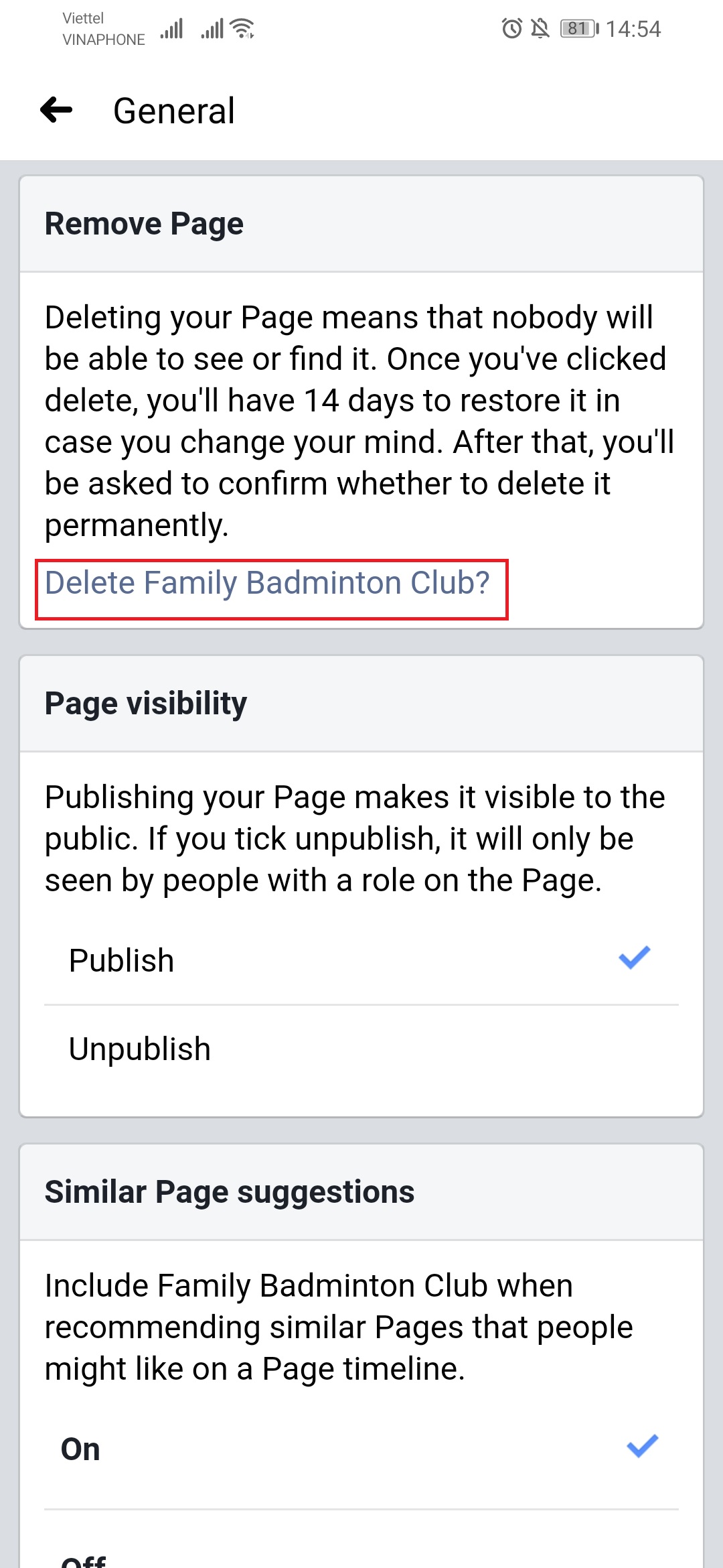 Cách xoá fanpage trên điện thoại Androi