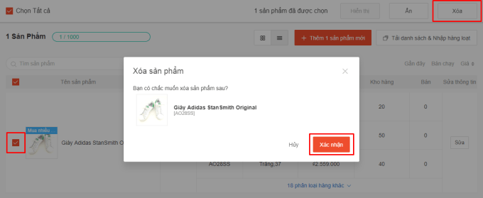 xóa sản phẩm trên shopee