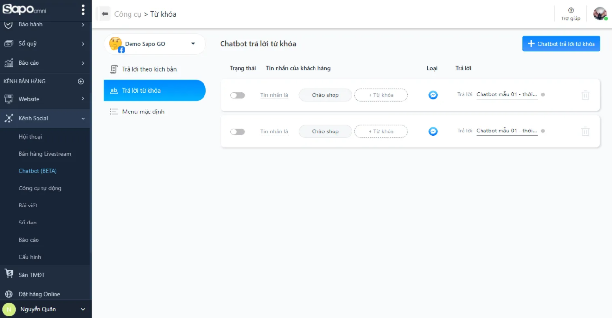 Chat bot theo từ khóa