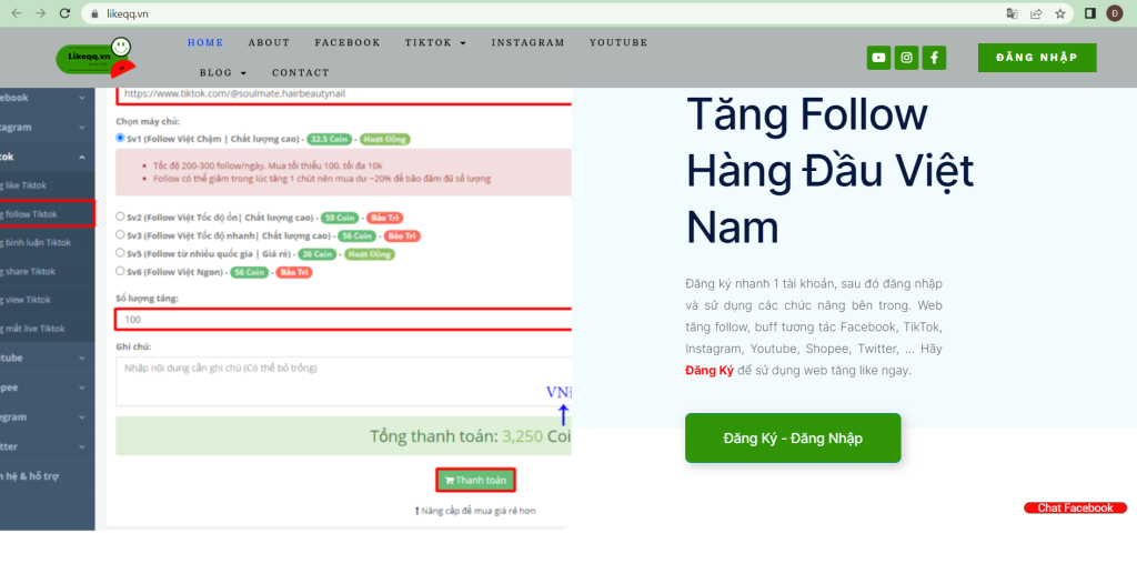 quá trình sử dụng công cụ likeqq.vn