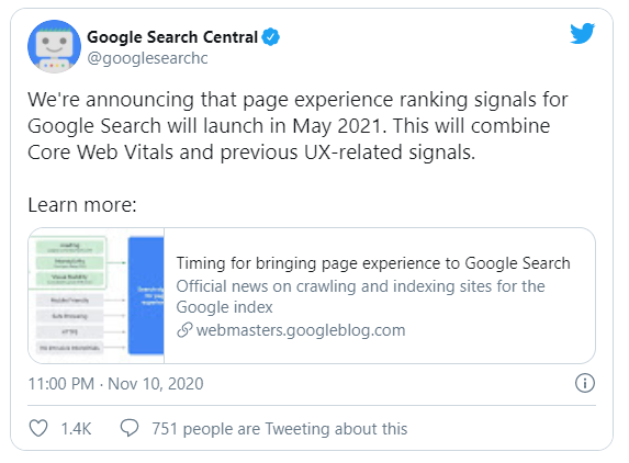thông báo của google về core web vitals 2021