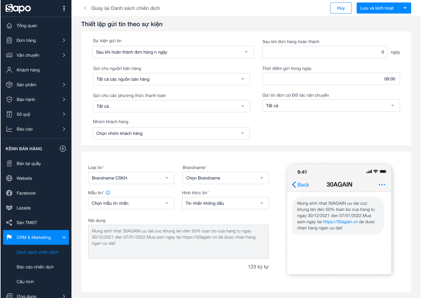 cp05-tao-su-kien-don-hang-loai-tin-brand-cskh sapo hub