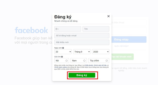 đăng ký tài khoản facebook