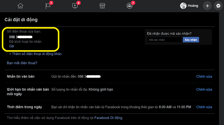 Kết quả sau khi xác minh Facebook thành công qua số điện thoại