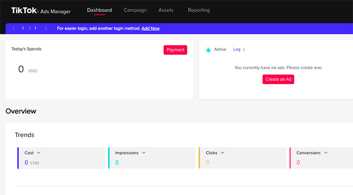 giao diện chính của trình quảng cáo tiktok