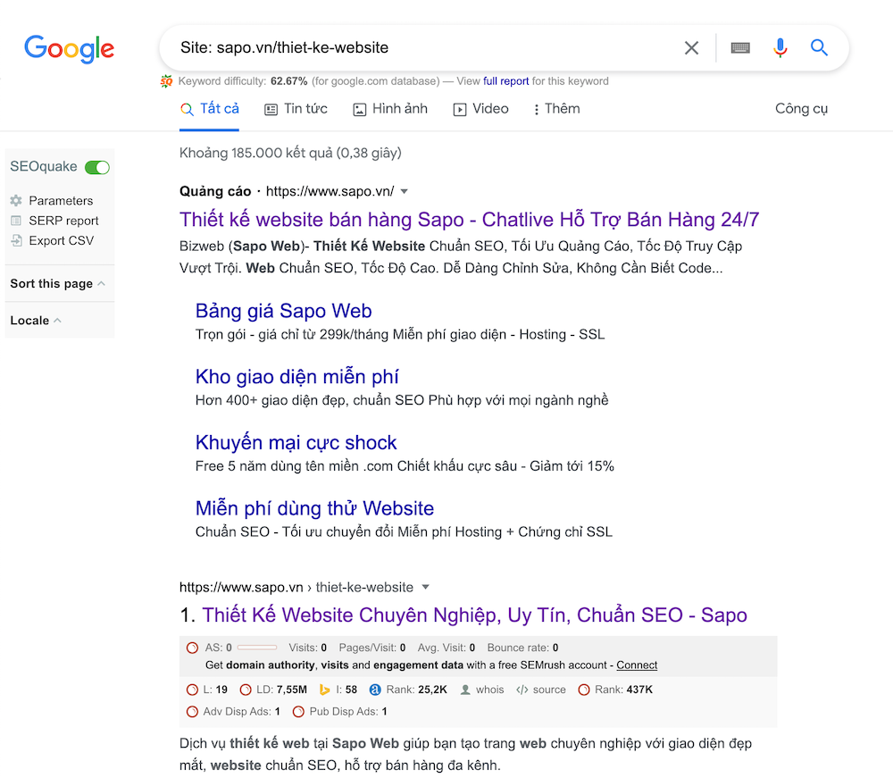 kiểm tra website đã được Google index