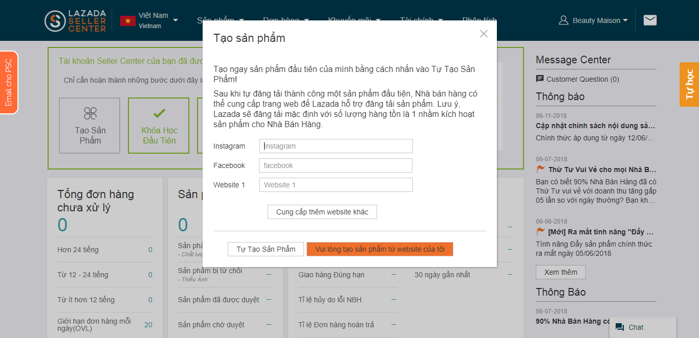 cách tạo gian hàng trên lazada