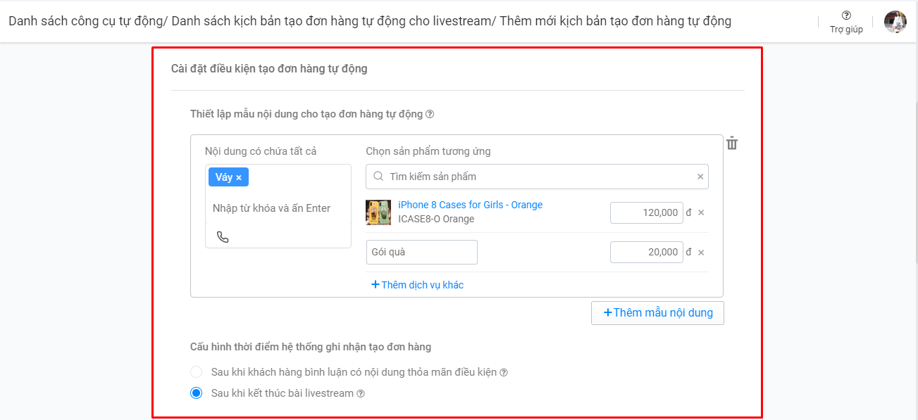 Kịch bản tạo đơn hàng livestream