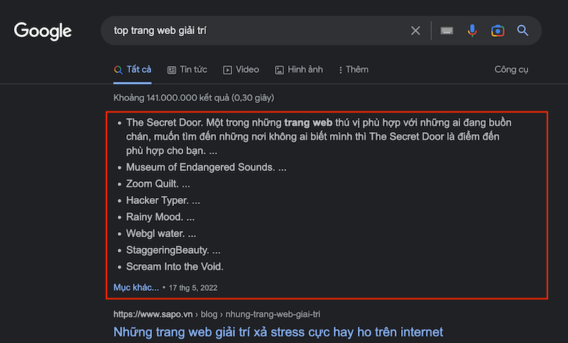 Schema markup làm nổi bật đoạn trích