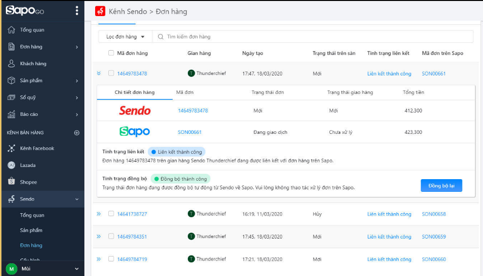 Đồng bộ trạng thái đơn hàng hoàn toàn tự động với kênh bán hàng Sendo trên Sapo