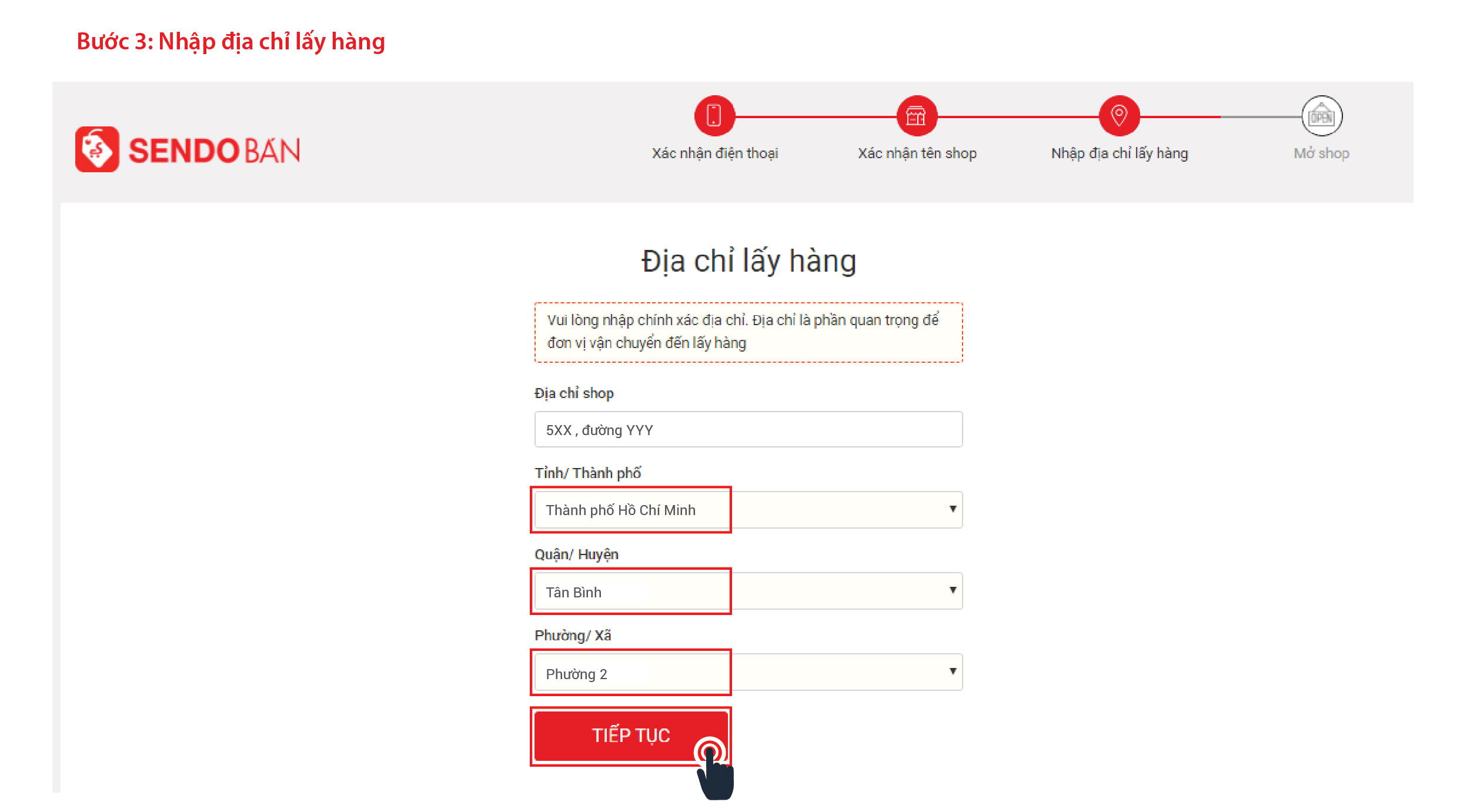 tạo địa chỉ lấy hàng trên sendo