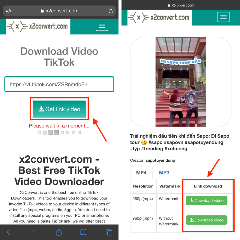Tải video Tik Tok bằng link trên x2convert.com