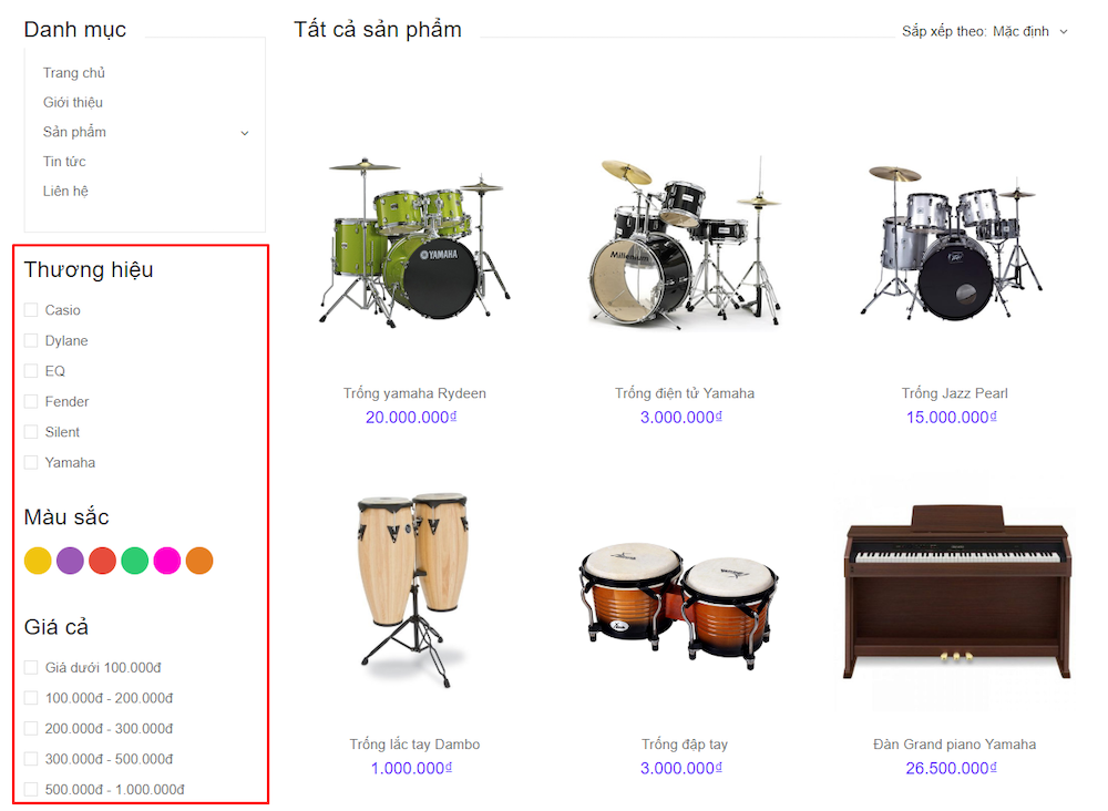 Giao diện website nhạc cụ Musical