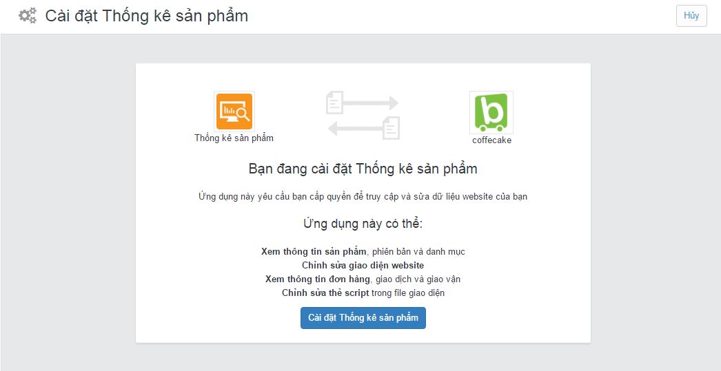 Cài đặt ứng dụng Thống kê sản phẩm