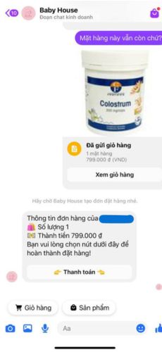 Nút "Giỏ hàng" và "Sản phẩm" xuất hiện trên Messenger. (Ảnh: Sapo.vn)