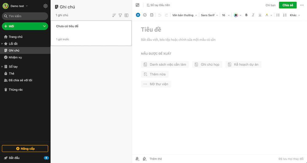 Trang web ghi chú online Evernote
