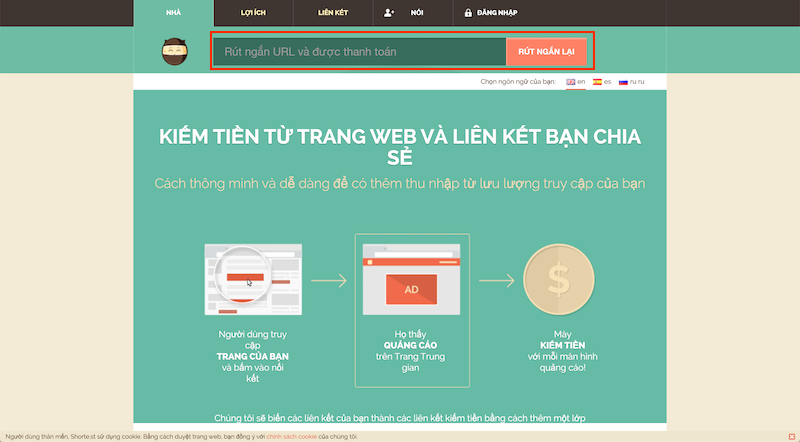 Trang web rút gọn link Shorte.st